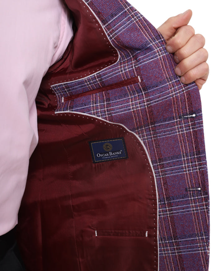 Burgundy Prince Of Wales Check Mens Blazer-Makrom
