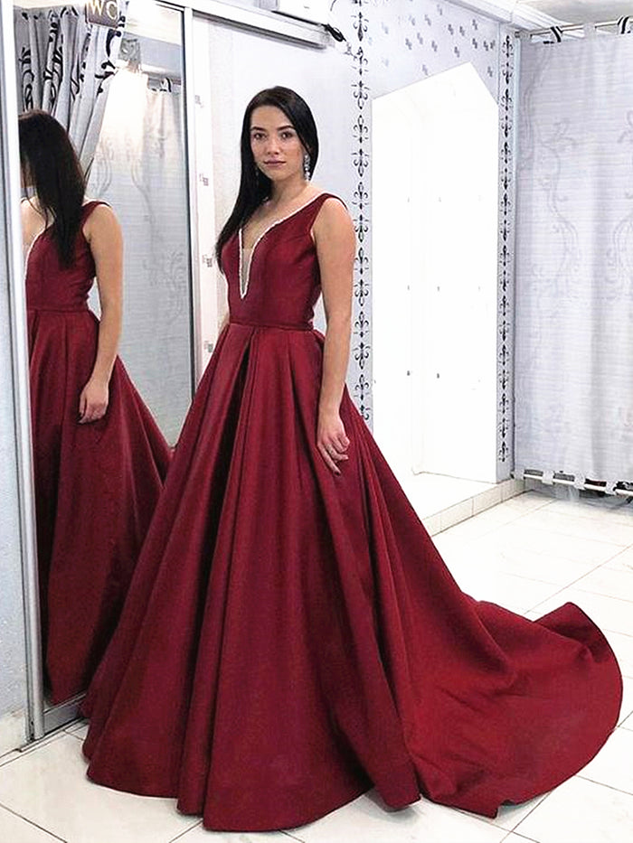 Burgundy V Neck Open Back Prom Dress with Train, Burgundy Open Back Formal Evening Dresses
