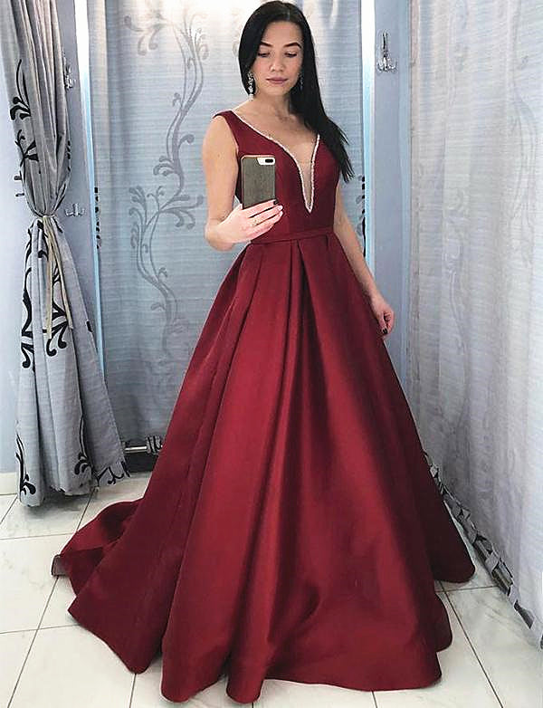 Burgundy V Neck Open Back Prom Dress with Train, Burgundy Open Back Formal Evening Dresses