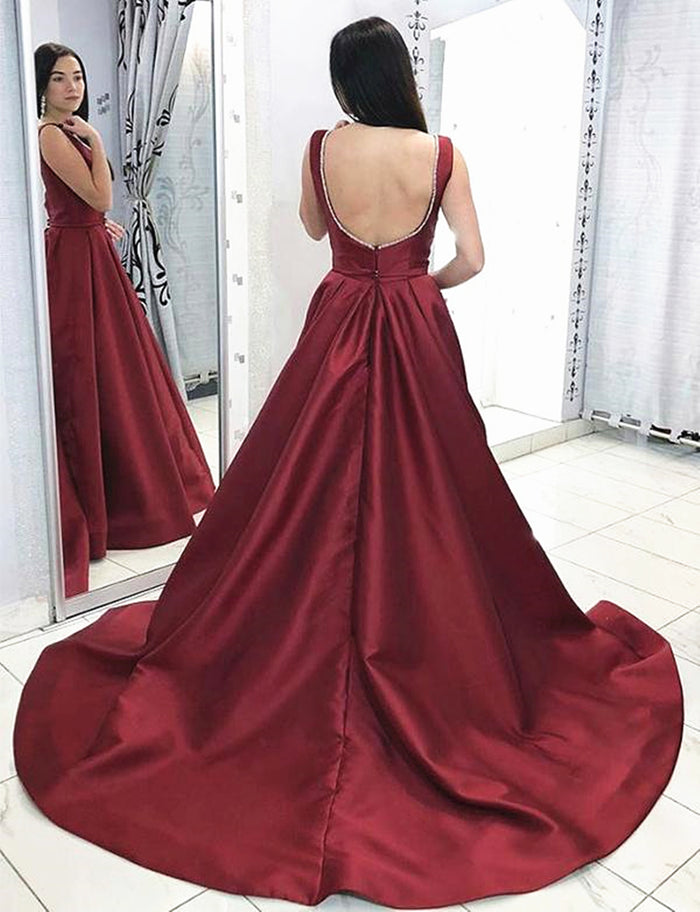 Burgundy V Neck Open Back Prom Dress with Train, Burgundy Open Back Formal Evening Dresses