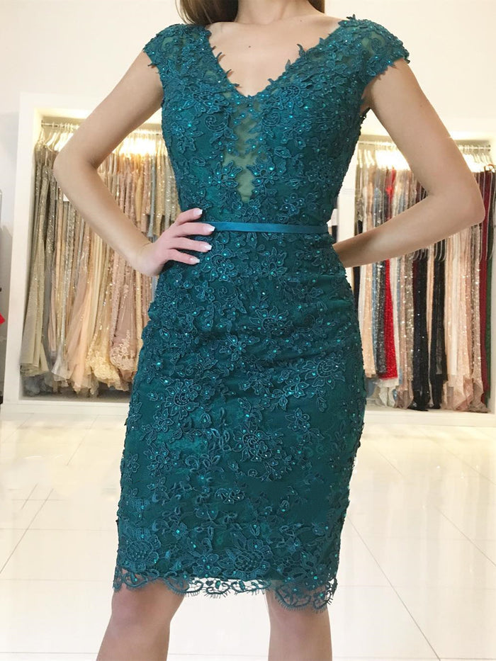 Cap Sleeves Short Emerald Green Lace Prom Dresses, Short Green Lace Graduation Homecoming Formal Dresses