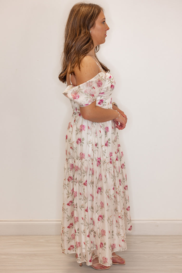 Off white with pink floral print event dress for women and teens. Side view