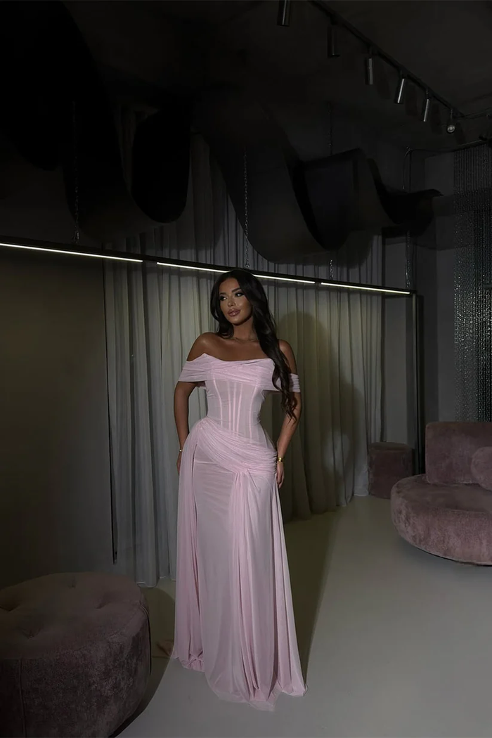 Charming Pink Off-The-Shoulder Chiffon Prom Dresses Mermaid Sheath With Ruffle Pleats