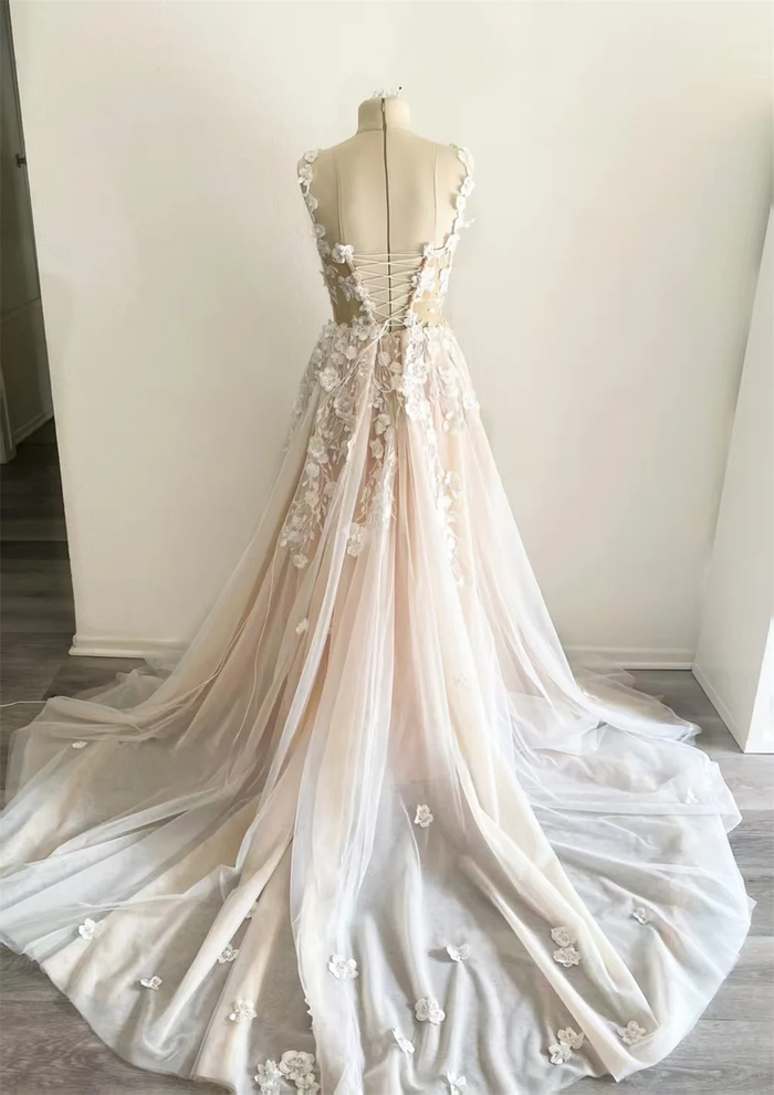 Charming Two Straps 3D Flower Lace Applique Bridal Grown A Line Wedding Dresses Custom Made