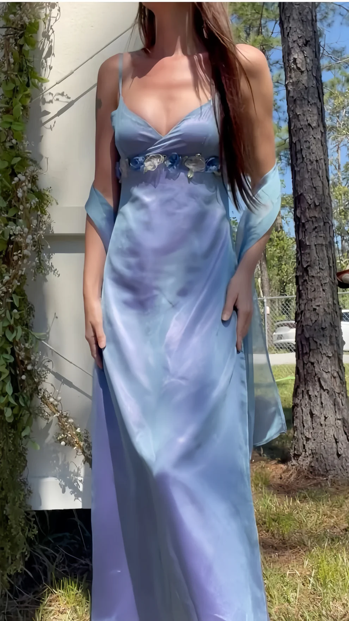 Chic Sheath Blue Lilac Long Prom Dresses Floral Evening Party Gown
