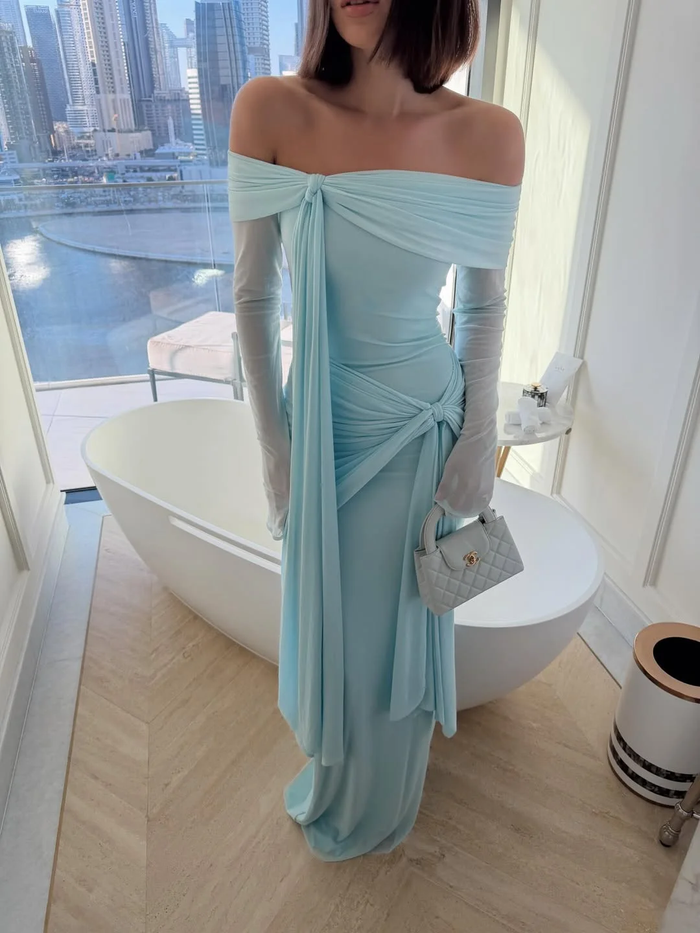 Chic Sky Blue Off-The-Shoulder Long Sleeves Pleated Chiffon Prom Dress