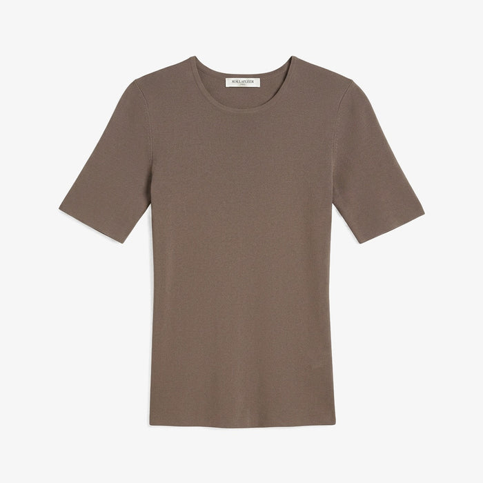 A short-sleeve crewneck knit top in a muted taupe-brown color, displayed flat against a clean white background.