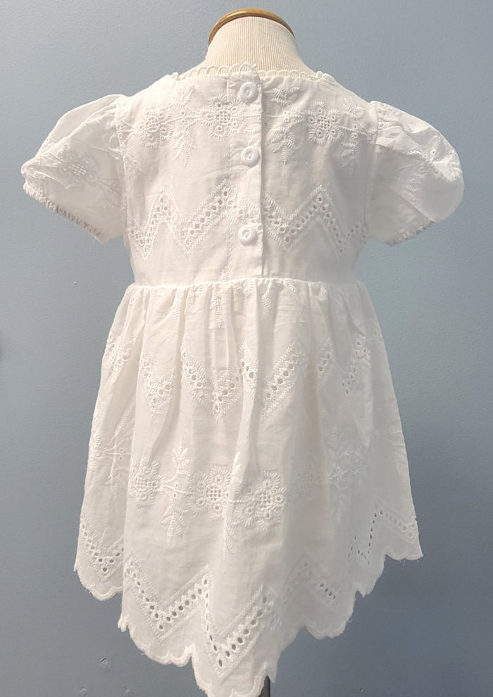 Back of white baby dress with button closure.