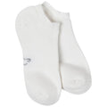 A pair of white acrylic socks with a visible brand logo on the ankle area.
