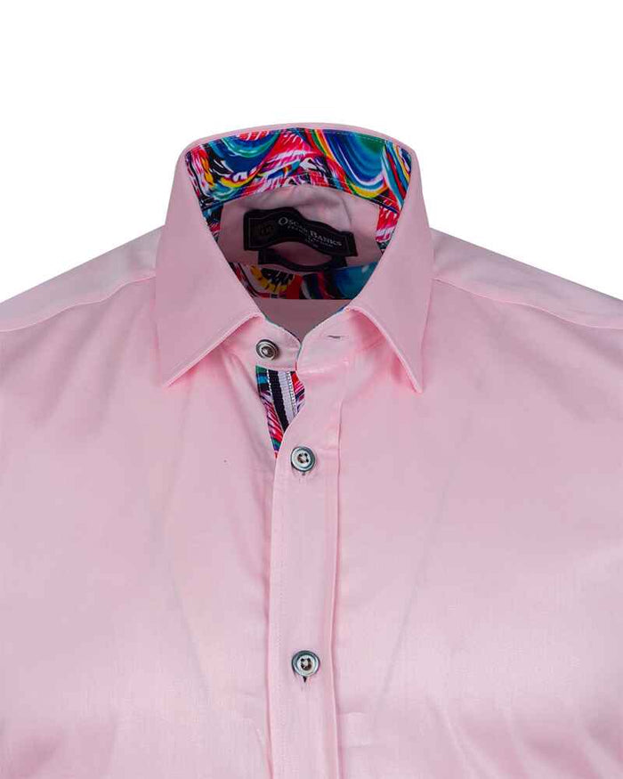 Classic Pink Short Sleeve Shirt with Colourful Paisley Insert Shirt-Makrom