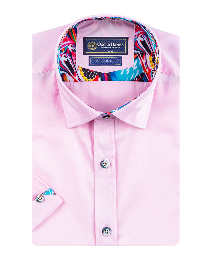 Classic Pink Short Sleeve Shirt with Colourful Paisley Insert Shirt-Makrom