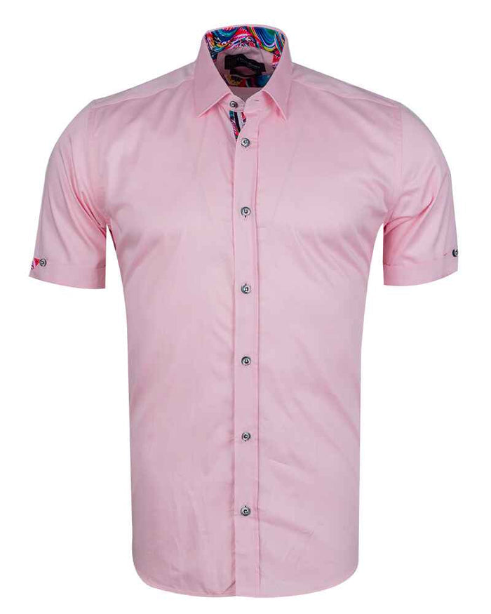 Classic Pink Short Sleeve Shirt with Colourful Paisley Insert Shirt-Makrom