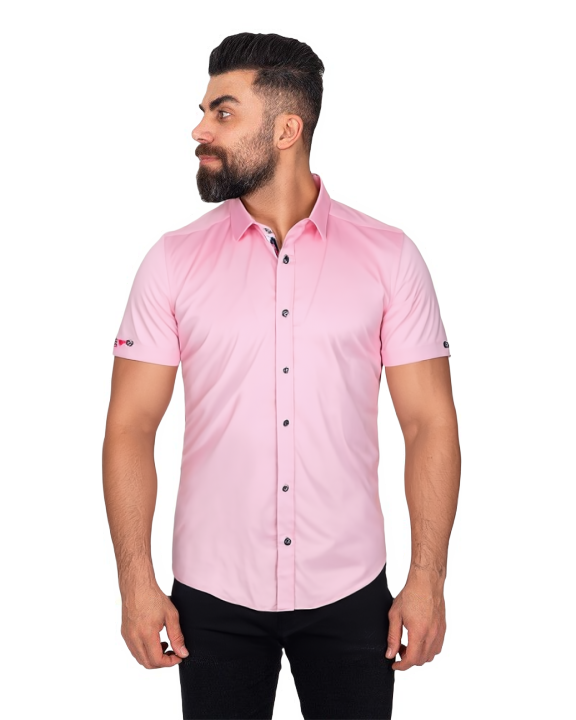 Classic Pink Short Sleeve Shirt with Colourful Paisley Insert Shirt-Makrom
