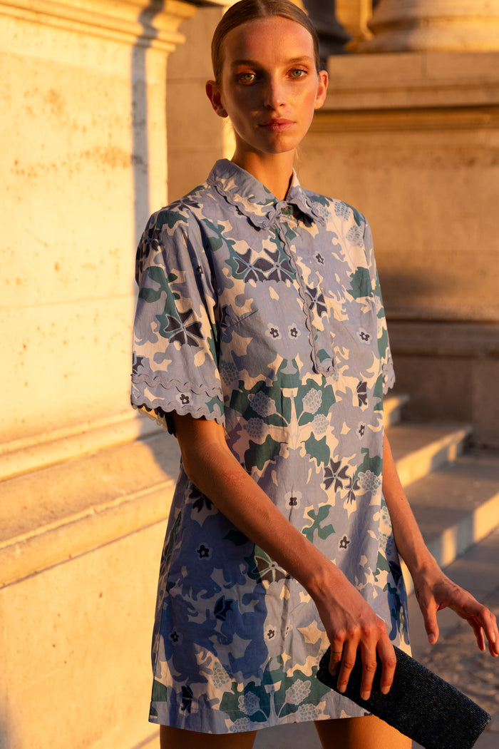 Collared Shirt Dress Mini- Suzani Blue
