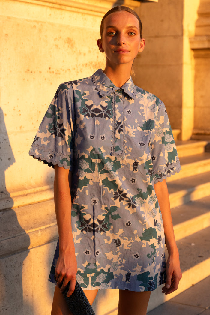 Collared Shirt Dress Mini- Suzani Blue