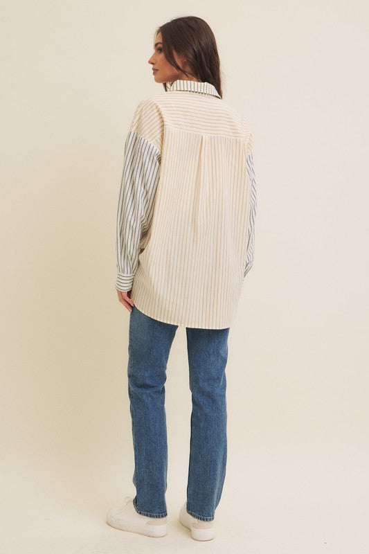 In February Olive, tan, blue, and off white striped colorblock textured button down top