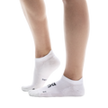 A pair of white, low-cut running socks with cushioning and ventilation designed for men and women.