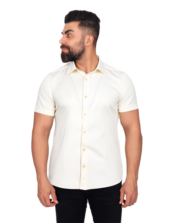Cream Classic Twill Short Sleeve Shirt-Makrom