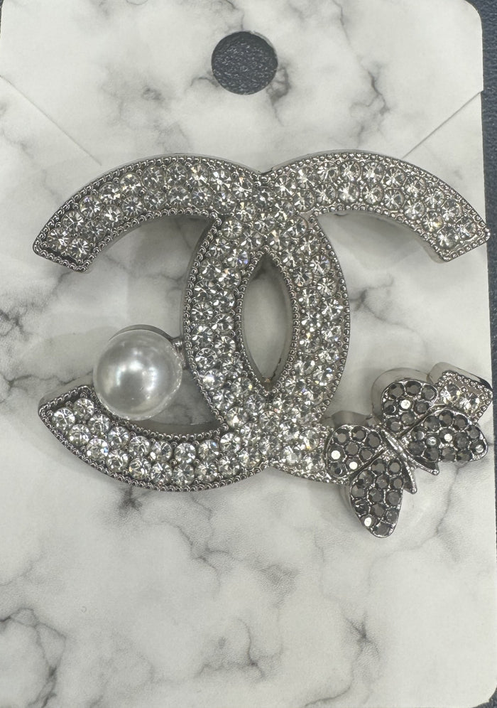 Crystal Butterfly and Pearl Brooch