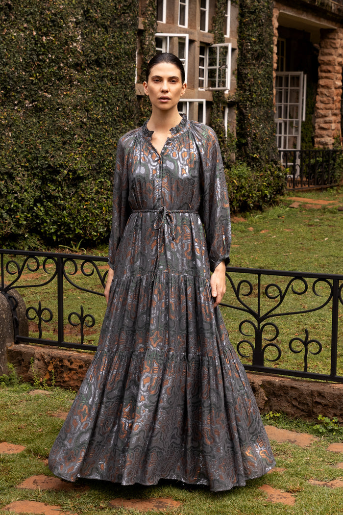 Cuff Sleeve Tie Waist Maxi- Kenzo Charcoal
