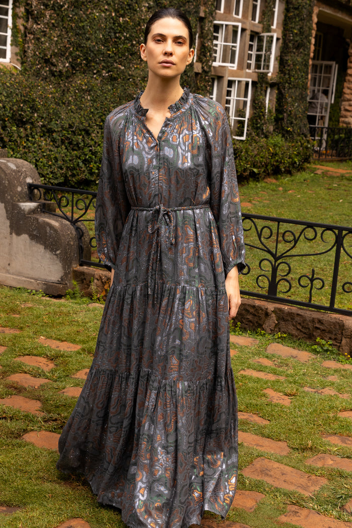 Cuff Sleeve Tie Waist Maxi- Kenzo Charcoal