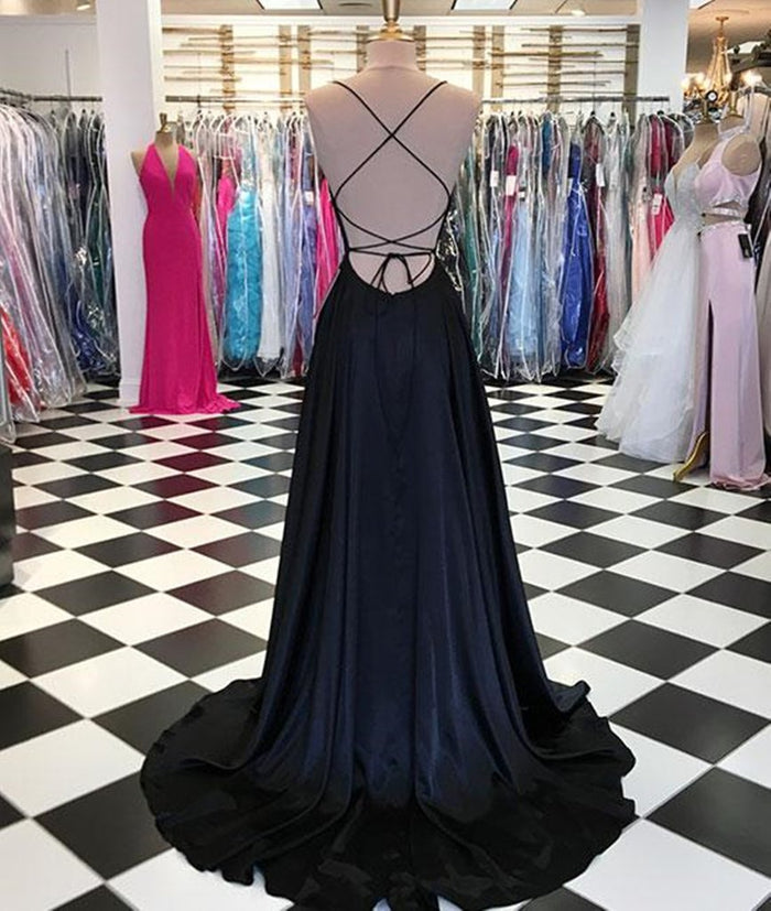 Custom A Line Ivory/Black Backless Prom Dresses, Ivory/Black Backless Formal Graduation Evening Dresses