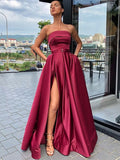 Custom Made A Line High Slit Burgundy Prom Dresses, Burgundy Formal Evening Graduation Dresses with High Slit