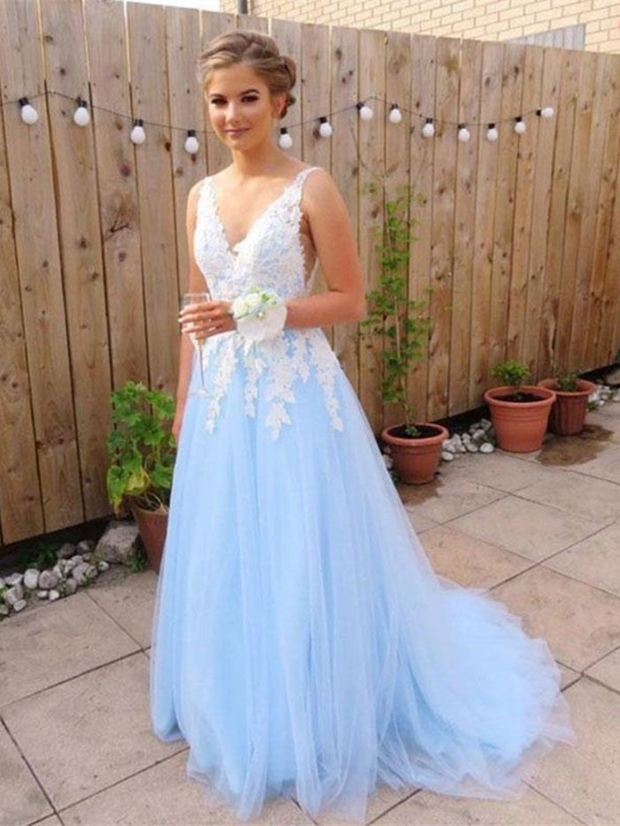 Custom Made A Line V Neck Backless Blue Lace Prom Dresses, Blue Lace Formal Dresses, Lace Bridesmaid Dresses