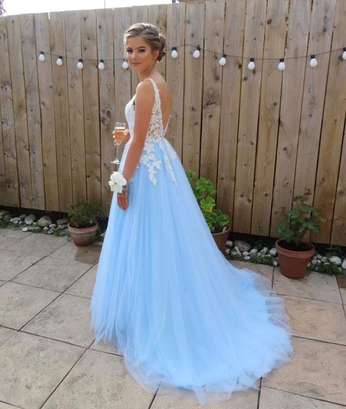 Custom Made A Line V Neck Backless Blue Lace Prom Dresses, Blue Lace Formal Dresses, Lace Bridesmaid Dresses