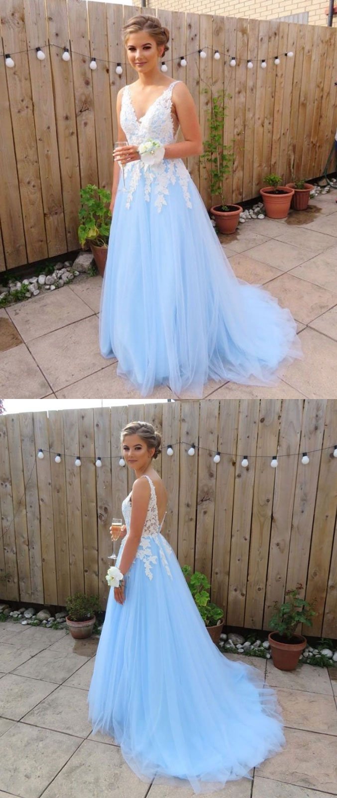 Custom Made A Line V Neck Backless Blue Lace Prom Dresses, Blue Lace Formal Dresses, Lace Bridesmaid Dresses