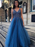 Custom Made A Line V Neck Backless Blue Prom Dresses, Backless Formal Dresses, Blue Evening Dresses