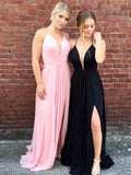 Custom Made A Line V Neck Backless Pink/Black Prom Dresses, Pink/Black Formal Dresses, Backless Graduation Dresses