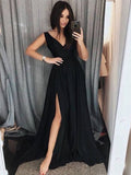 Custom Made A Line V Neck Black Prom Dresses with Leg Slit, Black V Neck Evening Dresses, Formal Dresses