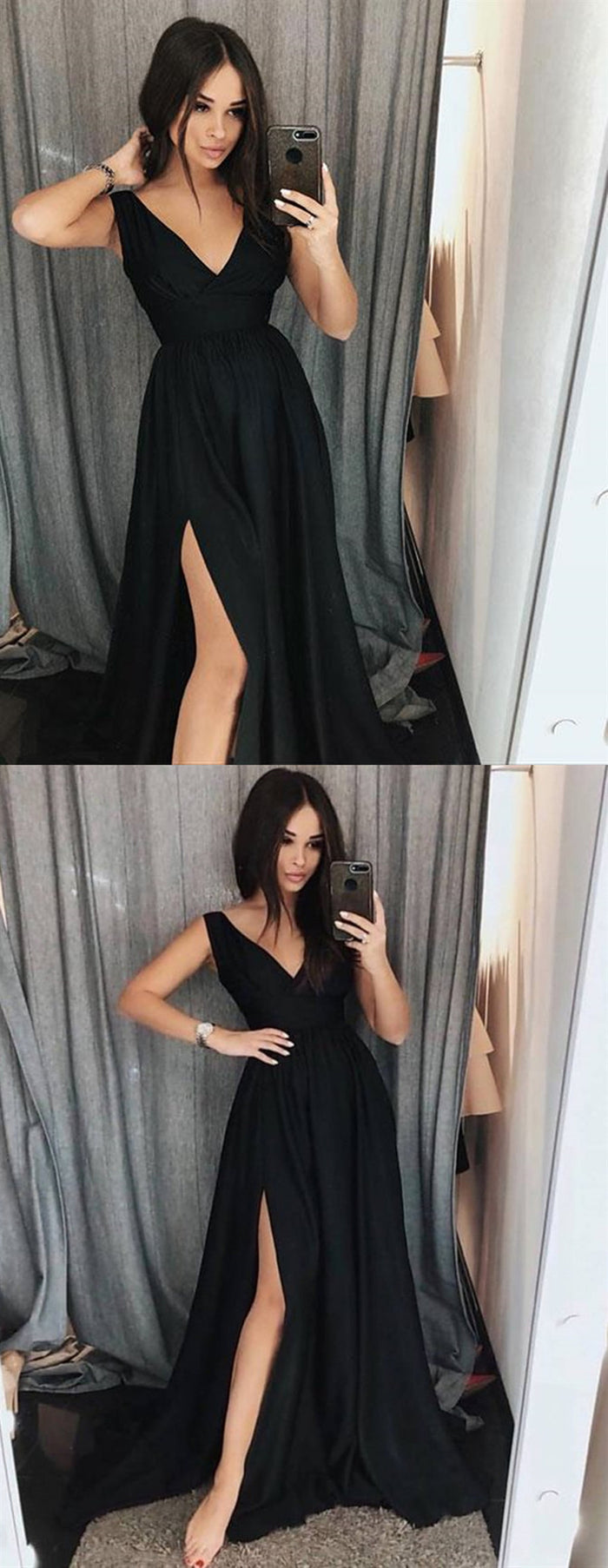 Custom Made A Line V Neck Black Prom Dresses with Leg Slit, Black V Neck Evening Dresses, Formal Dresses