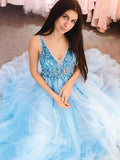 Custom Made A Line V Neck Blue Prom Dress with Sequins, Light Blue V Neck Formal Dresses, Graduation Dress