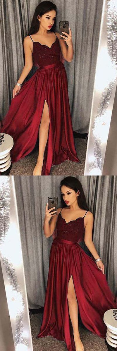 Custom Made A Line V Neck Burgundy Lace Prom Dresses, Burgundy Lace Formal Dresses, Evening Dresses