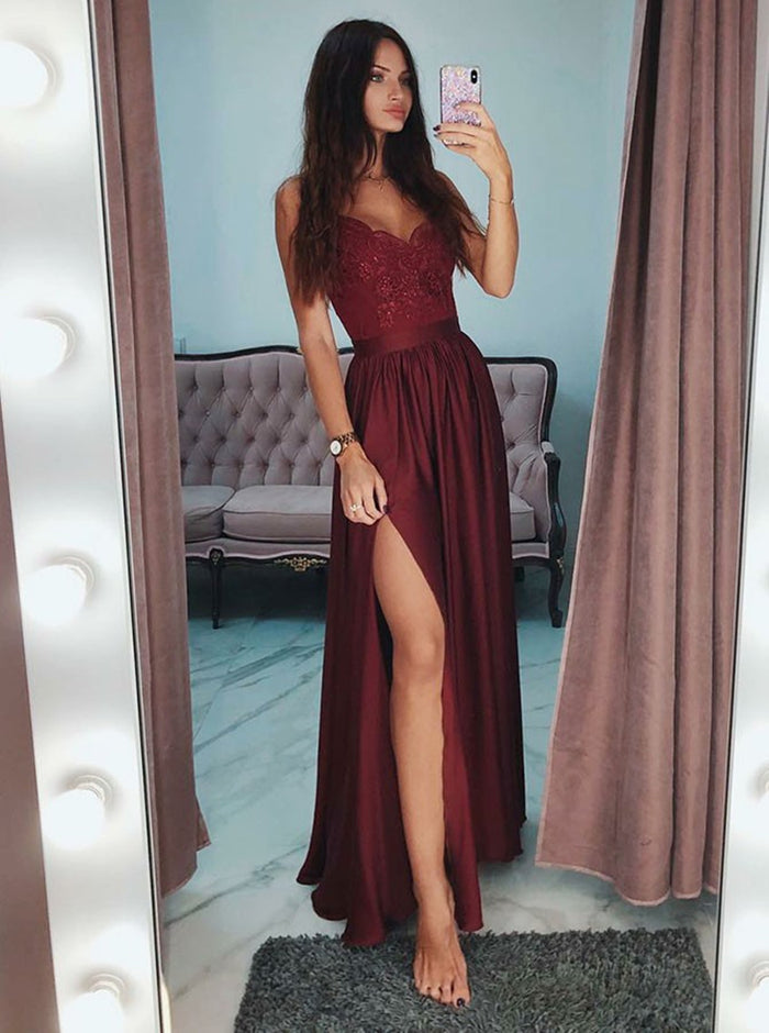 Custom Made A Line V Neck Burgundy Lace Prom Dresses, Burgundy Lace Formal Graduation Dresses