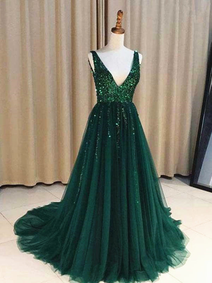 Custom Made A Line V Neck Emerald Green Backless Prom Dresses, Backless Green Graduation Formal Dresses