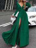Custom Made A Line V Neck Green/Black/Blue/Burgundy Prom Dresses, Long Sleeves Formal Dresses, Graduation Dresses