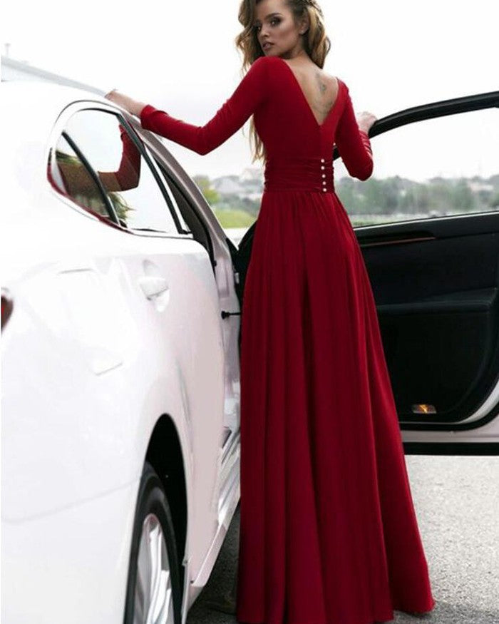 Custom Made A Line V Neck Green/Black/Blue/Burgundy Prom Dresses, Long Sleeves Formal Dresses, Graduation Dresses