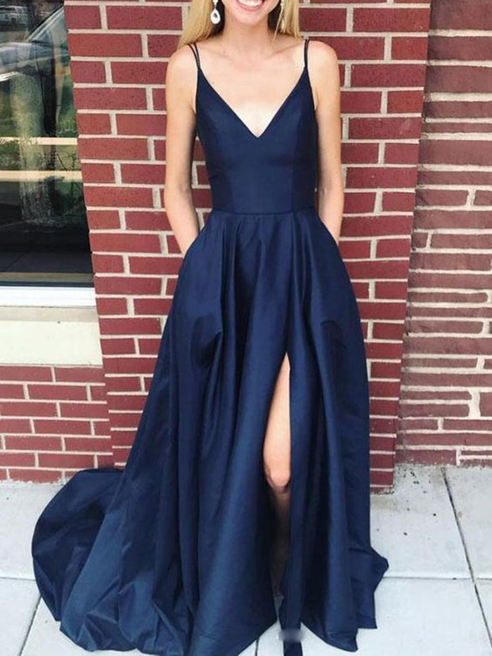 Custom Made A Line V Neck Simple Navy Blue Spaghetti Straps Prom Dresses, Navy Blue Formal Graduation Dresses