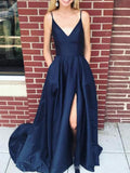 Custom Made A Line V Neck Simple Navy Blue Spaghetti Straps Prom Dresses, Navy Blue Formal Graduation Dresses