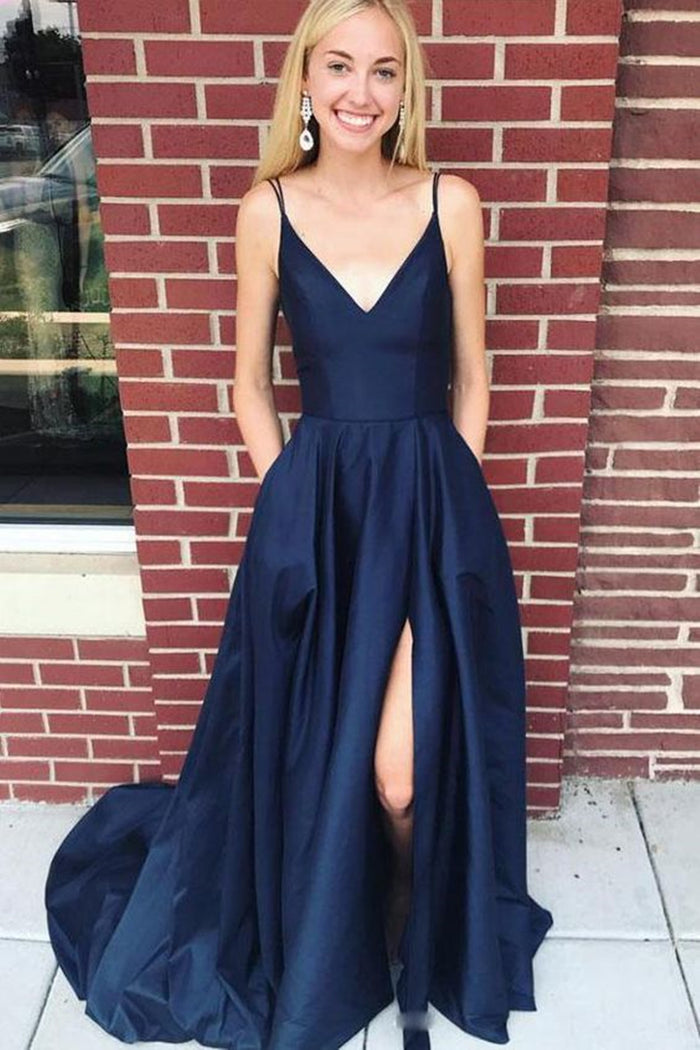 Custom Made A Line V Neck Simple Navy Blue Spaghetti Straps Prom Dresses, Navy Blue Formal Graduation Dresses