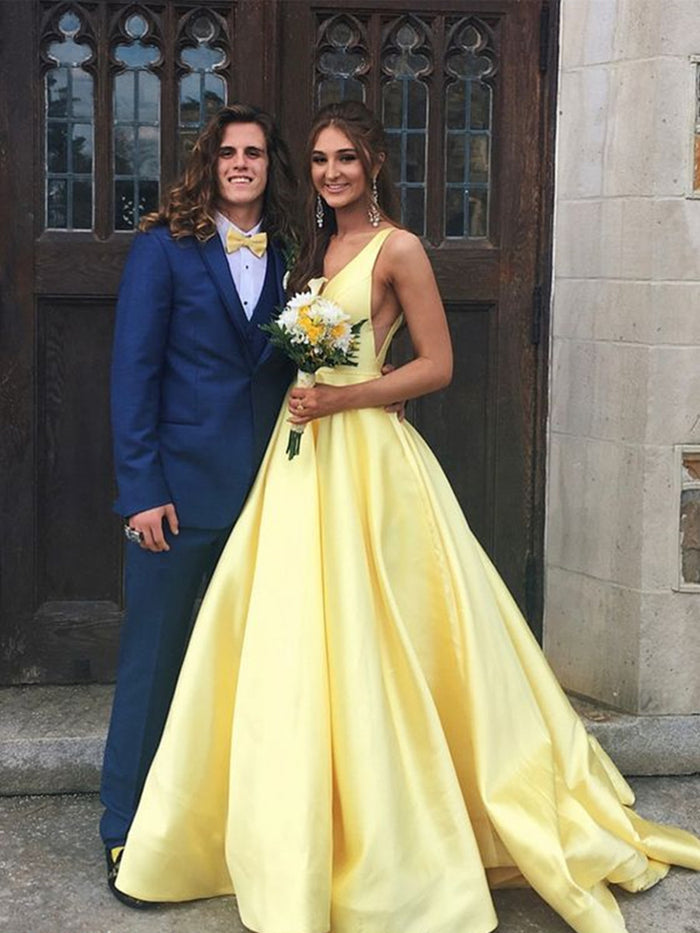 Custom Made Yellow V Neck Prom Dresses, V Neck Formal Dresses, Yellow Graduation Dresses
