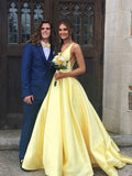 Custom Made Yellow V Neck Prom Dresses, V Neck Formal Dresses, Yellow Graduation Dresses