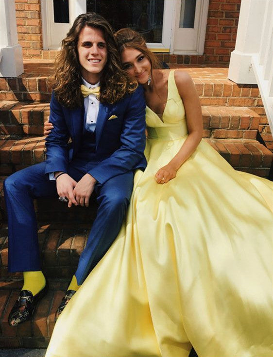 Custom Made Yellow V Neck Prom Dresses, V Neck Formal Dresses, Yellow Graduation Dresses