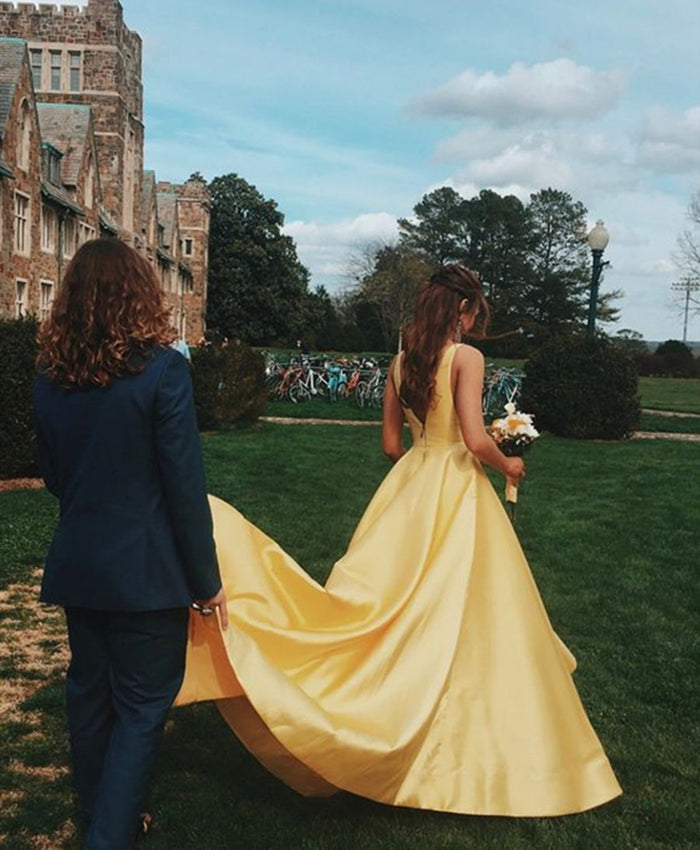Custom Made Yellow V Neck Prom Dresses, V Neck Formal Dresses, Yellow Graduation Dresses