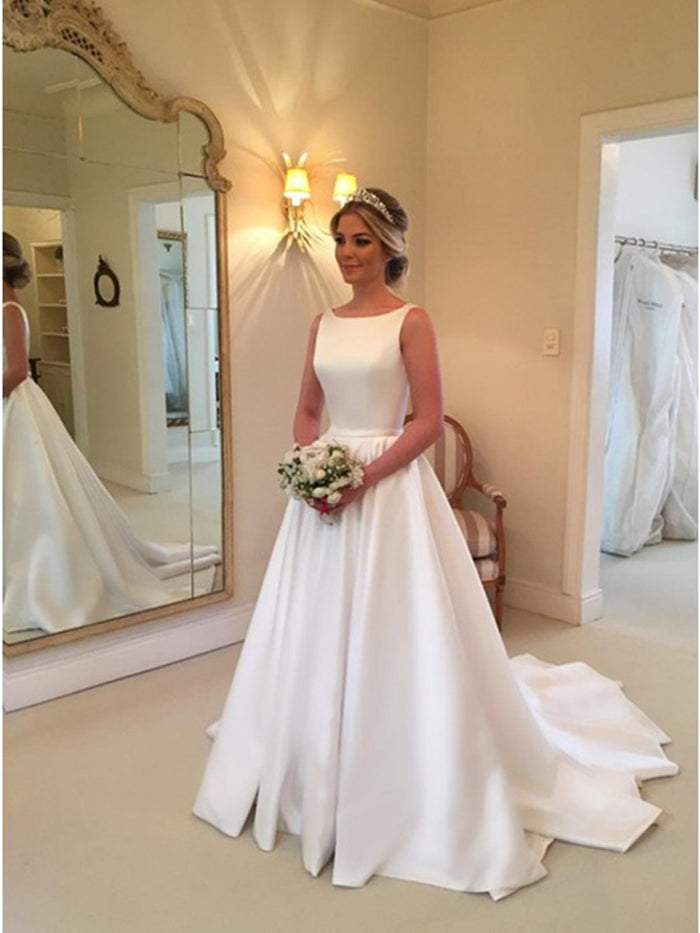 Custom Made Backless Ivory Wedding Dresses with Sweep Train, Backless Prom Dresses