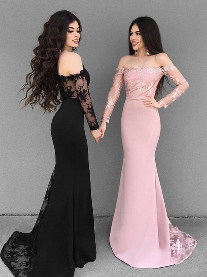 Custom Made Black/Pink Mermaid Long Sleeves Lace Prom Dresses, Lace Mermaid Bridesmaid Dresses, Formal Dresses