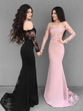 Custom Made Black/Pink Mermaid Long Sleeves Lace Prom Dresses, Lace Mermaid Bridesmaid Dresses, Formal Dresses